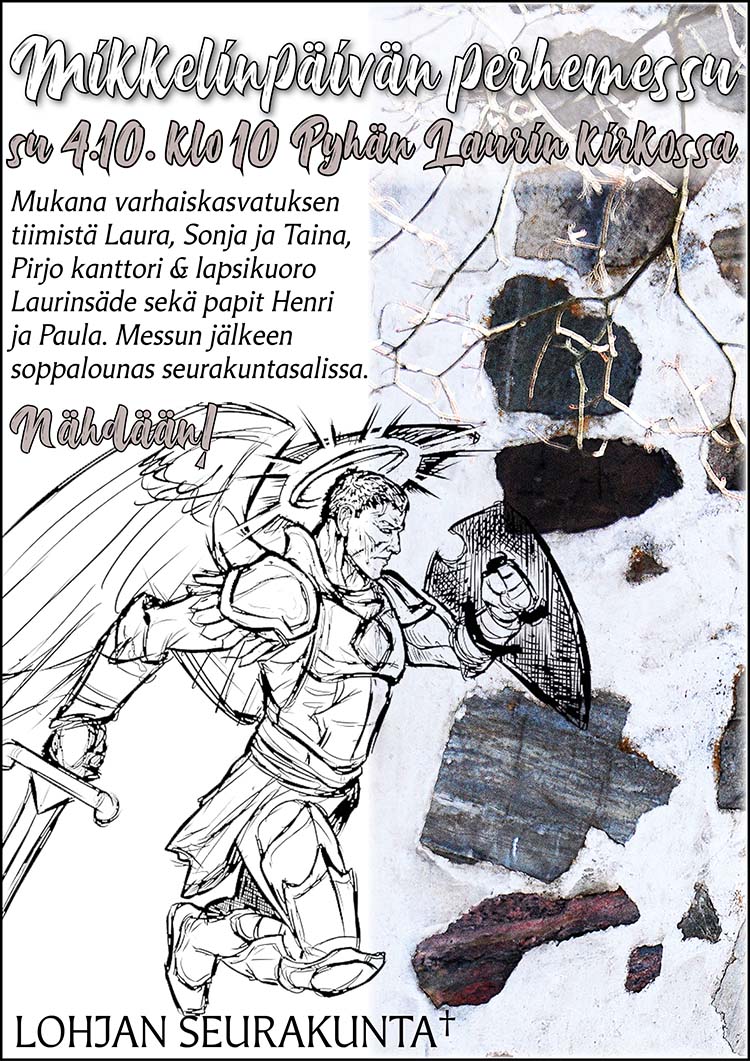 Perhemessu Perhemessumainoksessa piirros arkkienkeli Mikael ja Pyhän Laurin kirkon seinä kuva
