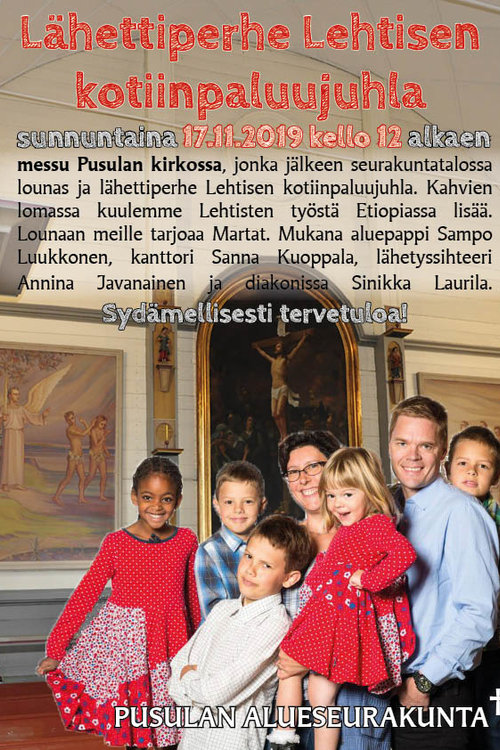 Messu Pusulan kirkossa ja sen jälkeen lounas seurakuntatalossa. Messu Pusulan kirkossa ja sen jälkeen lounas seurakuntatalossa.