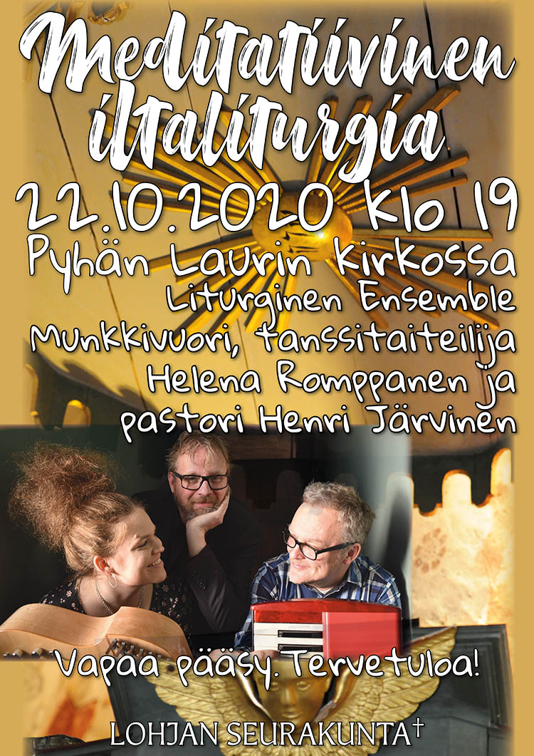 Liturginen Ensemble ja tanssitaiteilija Helena Romppanen, liturginen ilta KLO 19 konserttimainoskuvassa Pyhän Laurin kirkon saaranstuoli