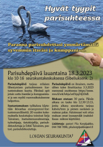 mainoksessa joutsenpari vedessä ja miehen ja naisen kädet yhdessä