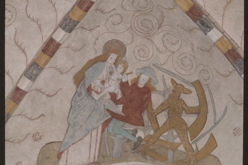Avaa kuva isommaksi Maalausihme (maalari teki Neitsyt Marian kuvan, paholainen suuttui ja rikkoi telineet) -Welin P. O., kuvaaja -Museovirasto - Musketti