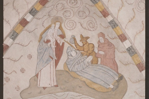 Neitsyt Maria karkottaa paholaisen kuolevan munkin vuoteen ääreltä

-Welin P. O., kuvaaja 
-Museovirasto - Musketti