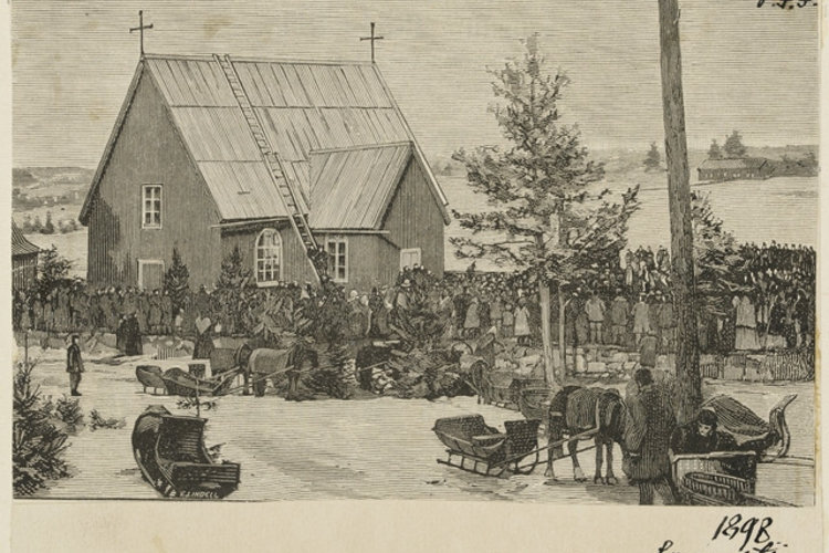 Avaa kuva isommaksi Elias Lönnrotin hautajaiset, saattoväkeä kirkolla, Painokuva puupiirroksesta. -Lindell E., piirtäjä 1898 -Museovirasto - Musketti