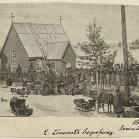 Elias Lönnrotin hautajaiset, saattoväkeä kirkolla, Painokuva puupiirroksesta.

-Lindell E., piirtäjä 1898 
-Museovirasto - Musketti
