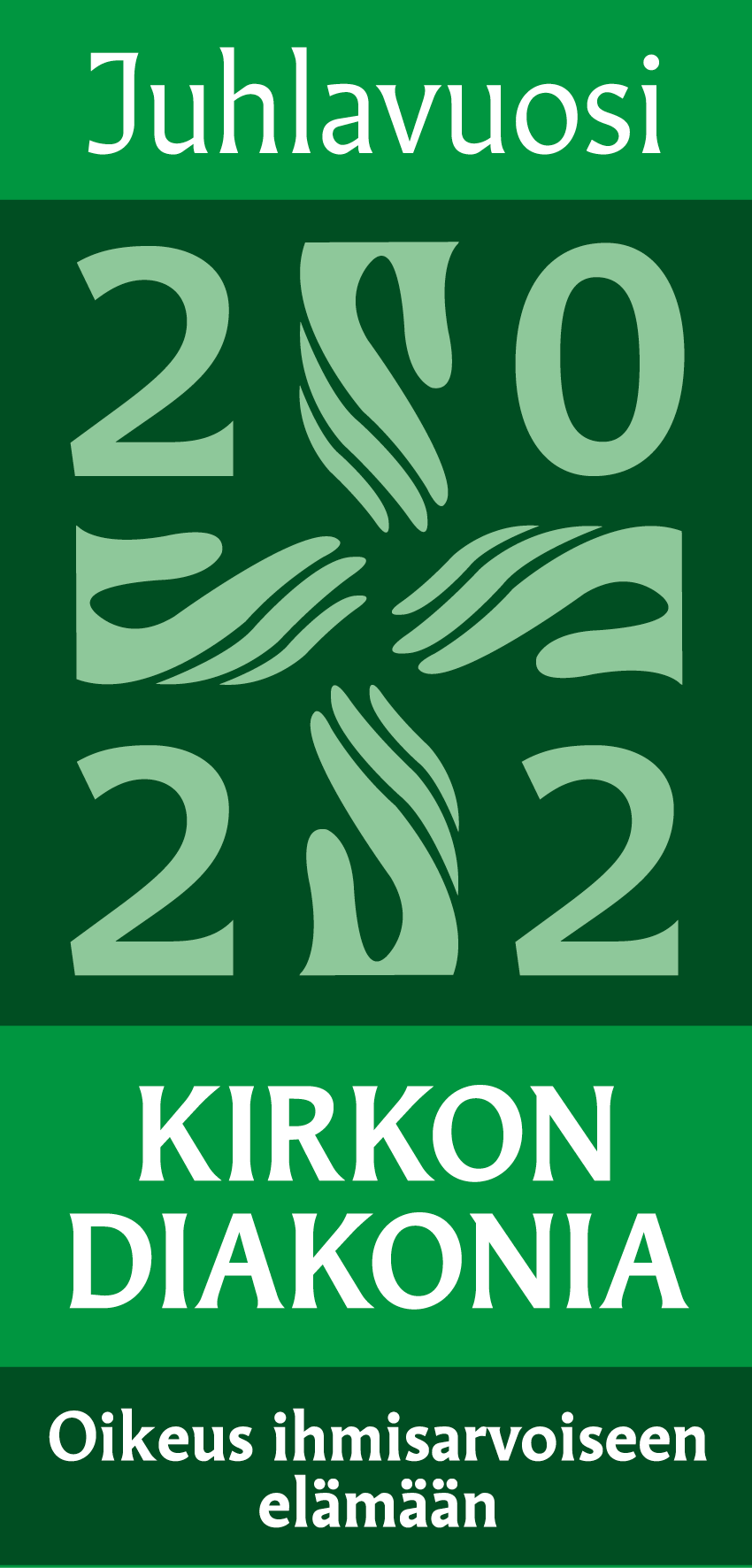 vihreävalkoinen diakonian juhlavuoden logo, jossa 4 kättä yhdessä ja vuosi 2022